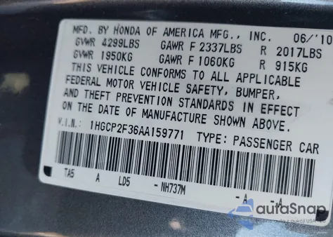 2010 Honda Accord 2.4 Lx из США, поврежденный, VIN 1HGCP2F36AA159771